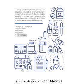 Allergy treatment article page vector template. Antihistamine drugs. Brochure, magazine, booklet design element with linear icons and text boxes. Print design. Concept illustrations with text space