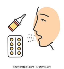 Allergy treatment color icon. Use of antihistamine drugs. Relieving allergy symptoms. Treatment with pills and drops. Medication of allergic rhinitis. Medical health care. Isolated vector illustration