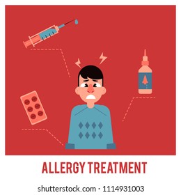 Allergy treatment concept with young man having allergic rhinitis and various medicines around him. Boy with hay fever and methods of treatment in flat vector illustration.