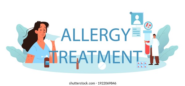 Allergy treatmet typographic header. Disease with allergy symptom, medical allergology diagnostic, testing and treatment. Care for health. Vector illustration in flat style