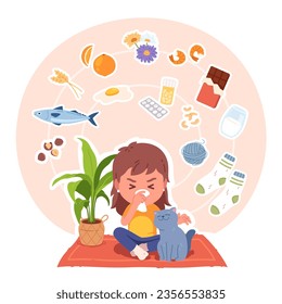 Allergy types. Girl kid with allergy disease symptoms. Ill person blowing her nose suffering from seasonal respiratory illness caused by pollen, cat fur, food, milk. Vector concept illustration