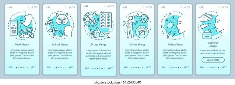 Allergy types onboarding mobile app page screen vector template. Food, animal, clothes, pollen allergies. Walkthrough website steps with linear illustrations. UX, UI, GUI smartphone interface concept