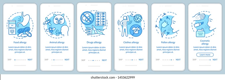 Allergy Types Onboarding Mobile App Page Screen With Linear Concepts. Food, Animal, Clothes, Pollen Allergies Walkthrough Steps Graphic Instructions. UX, UI, GUI Vector Template With Illustrations