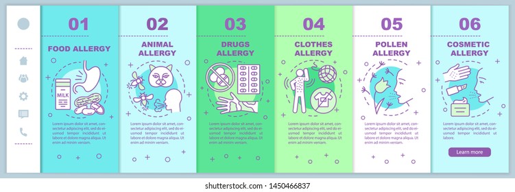 Allergy types onboarding mobile web pages vector template. Food, animal allergies. Responsive smartphone website interface with linear illustrations. Webpage walkthrough step screens. Color concept