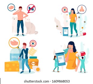 Allergy types set, vector flat isolated illustration. People suffering from pet, food, pollen, seasonal allergy symptoms such as runny nose, itching and watery eyes, rash, sneezing. Allergic reaction.