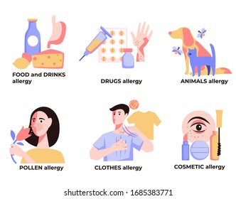 Allergy Types And Symptoms Isolated Icons Vector. Allergens Kinds, Food And Drugs, Animals And Pollen, Clothes And Cosmetics. Lactose And Medicaments, Pets Fur And Flowers, Textile And Makeup