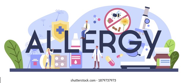 Allergy Typographic Header. Disease With Allergy Symptom, Medical Allergology Diagnostic, Testing And Treatment. Care For Health. Vector Illustration In Flat Style