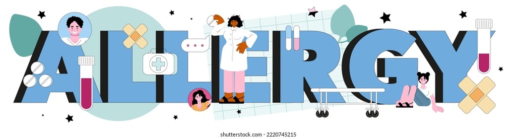 Allergy typographic header. Allergy symptom examination, medical allergology diagnostic, testing and treatment. Healthcare and preventive measures. Vector illustration in flat style