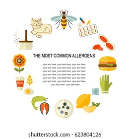 Allergy vector flat style round illustration. The most common allergens icons set.  Medicine and health symbols.