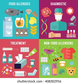 Allergy vector infographic set with allergens diagnostic and treatment.  