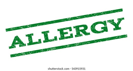 Allergy watermark stamp. Text caption between parallel lines with grunge design style. Rubber seal stamp with unclean texture. Vector green color ink imprint on a white background.