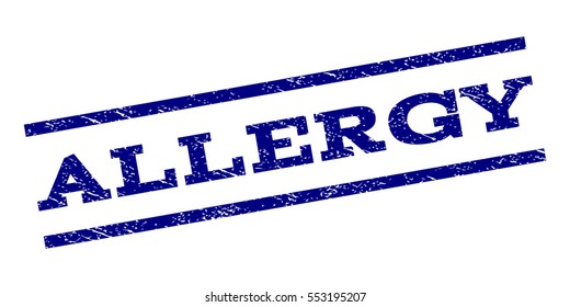 Allergy watermark stamp. Text caption between parallel lines with grunge design style. Rubber seal stamp with dust texture. Vector navy blue color ink imprint on a white background.