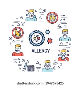 Banner web de alergia. Infografía con iconos lineales sobre fondo blanco. Concepto creativo. Ilustración de color de contorno aislado. Ilustración del vector
