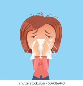 Allergy Woman Character Sneeze. Vector Flat Cartoon Illustration