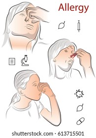 Allergy. A woman holds her nose in her hand.  Color vector illustration on the theme of sore, medicine.