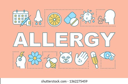 Allergy word concepts banner. Allergens, fever, rhinitis, urticaria, itch, sneezing, cough. Presentation, website. Isolated lettering typography idea with linear icons. Vector outline illustration