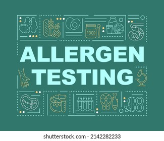Allergy-causing substances evaluation word concepts dark green banner. Infographics with icons on color background. Isolated typography. Vector illustration with text. Arial-Black font used