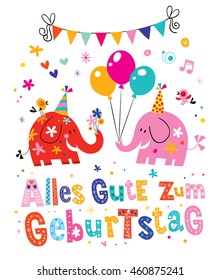 Alles Gute zum Geburtstag Deutsch German Happy birthday greeting card with cute elephants