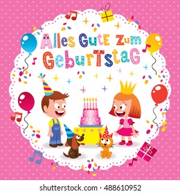 Alles Gute zum Geburtstag Deutsch German Happy birthday greeting card with little boy and girl puppy and kitten