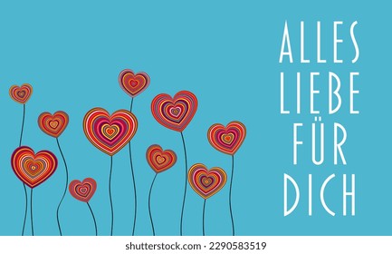 Alles Liebe für dich - German text - All love for you. Greeting banner with colorful hearts.