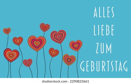 Alles Liebe zum Geburtstag - German text - Happy Birthday. Greeting card with colorful hearts.