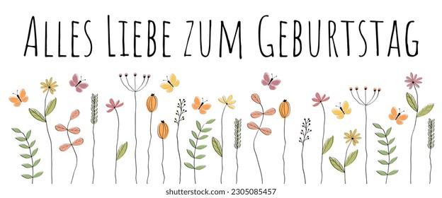 Alles Liebe zum Geburtstag - Text auf Deutsch - Alles Liebe zum Geburtstag. Herzlichen Glückwunsch Karte mit liebevoll gezeichneten Schmetterlingen und Blumen.