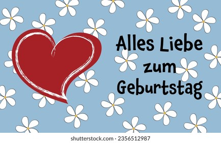 Alles Liebe zum Geburtstag - text in German language - Happy Birthday. Greeting card with a heart on a sky blue background with white blossoms.