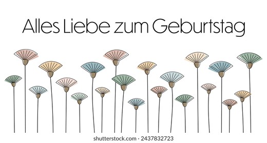 Alles Liebe zum Geburtstag - Text in deutscher Sprache - Happy Birthday. Grußbanner mit modernen abstrakten Blumen in Pastellfarben.