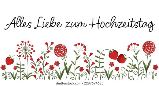 Alles Liebe zum Hochzeitstag - Deutscher Text - Frohe Hochzeitstag. Grußkarte mit roten, herzförmigen Blumen. 