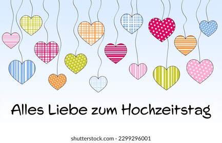 Alles Liebe zum Hochzeitstag - Text in deutscher Sprache - Frohe Hochzeitstag. Grußkarte mit einem Himmel voller pastellfarbener Herzen.