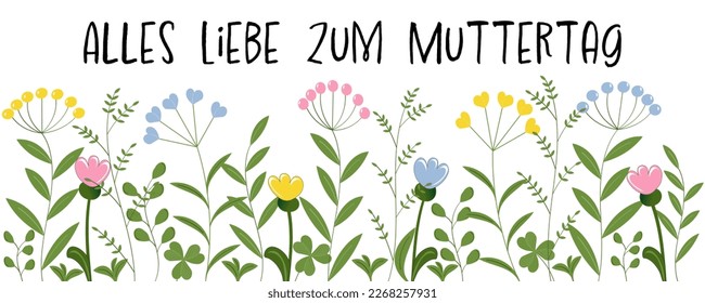 Alles Liebe zum Muttertag - Deutscher Text - viel Liebe zum Muttertag. Grußbanner mit Blättern und Blumen in Pastellfarben.