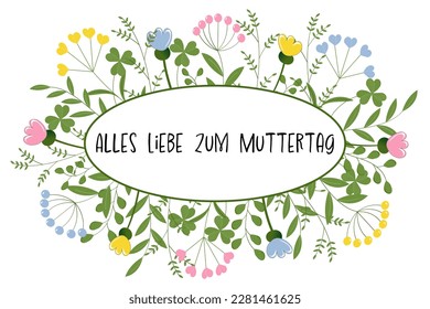 Alles Liebe zum Muttertag - German text - Much love for Mother’s day. Greeting card with leaves and flowers in pastel colors.