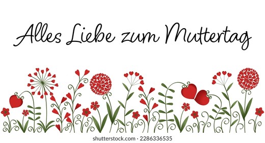 Alles Liebe zum Muttertag - German text - Happy Mother’s Day. Greeting card with flowers made of red hearts.