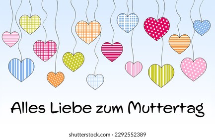 Alles Liebe zum Muttertag - text in German - Happy Mother’s Day. Greeting card with dotted, checkered and striped hearts in pastel colors.