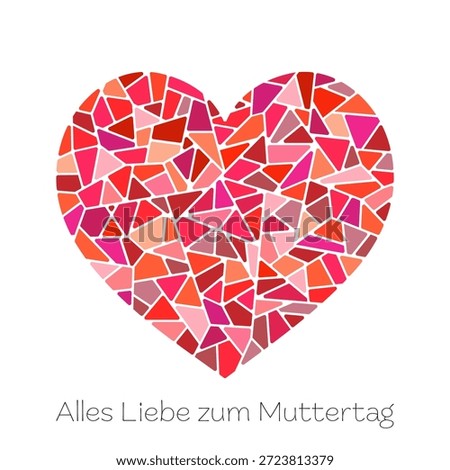 Alles Liebe zum Muttertag - text in German language - Happy Mother’s Day. Square greeting card with mosaic heart in red tones.