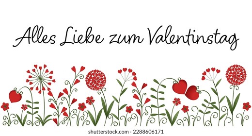 Alles Liebe zum Valentinstag - German text - Happy Valentine’s Day. Vector graphic with flowers made of hearts for love greetings.