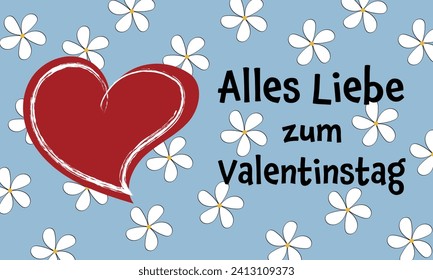 Alles Liebe zum Valentinstag - Text auf Deutsch - Herzlichen Glückwunsch zum Valentinstag. Grußkarte mit rotem Herzen und weißen Blumen auf hellblauem Hintergrund. 