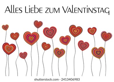 Alles Liebe zum Valentinstag - text in German - Happy Valentine’s Day. Greeting card with colorful heart flowers. 