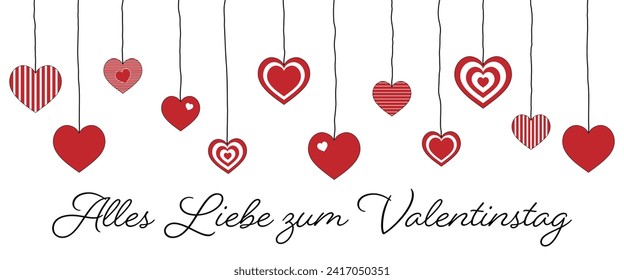 Alles Liebe zum Valentinstag - Text in deutscher Sprache - Herzlichen Glückwunsch zum Valentinstag. Grußkarte mit hängenden Herzen.