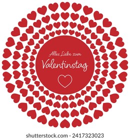 Alles Liebe zum Valentinstag - text in German language - Happy Valentine’s Day. Greeting card with red hearts.