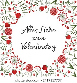 Alles Liebe zum Valentinstag - Text in deutscher Sprache - Herzlichen Glückwunsch zum Valentinstag. Viereckige Grußkarte mit Blumen aus roten Herzen.