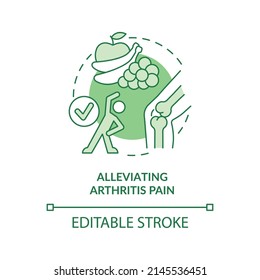 Alleviating arthritis pain green concept icon. Relieve symptoms. Vegan diet benefit abstract idea thin line illustration. Isolated outline drawing. Editable stroke. Arial, Myriad Pro-Bold fonts used