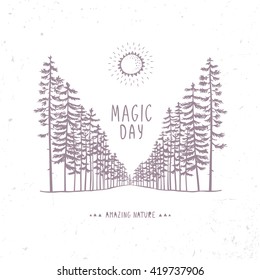 Alley with amazing tall pines and sun. Hand drawn. Stylish vector illustration