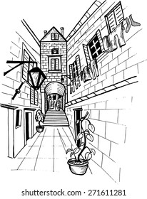 alley in Dubrovnik. Black and white vector sketch.