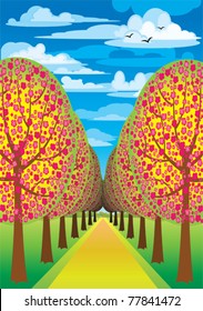 Alley with flowering pink trees and road on a blue sky