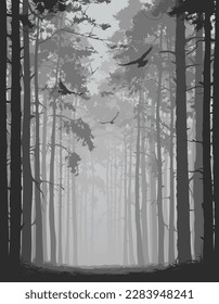 Alley in the forest, pine trees, flying birds. Natural background - vector illustration, black and white