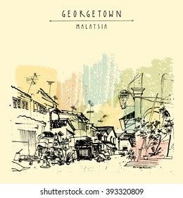 Alley in Georgetown historic colonial center. Malaysia, Southeast Asia. Colonial buildings. Vintage postcard or poster template in vector