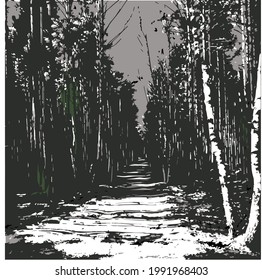 An alley in a mixed forest, rather gloomy. Winter, snow, trees without leaves. In the foreground are two birches. Can be a background on a desktop, this is a flat vector illustration
