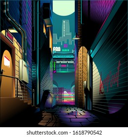 Alley at night cyber punk theme vector illustration background