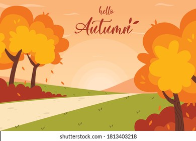 Ganz im Park. Herbstlandschaft, Hintergrund. Hallo Herbstschrift Logo, Vektorgrafik.